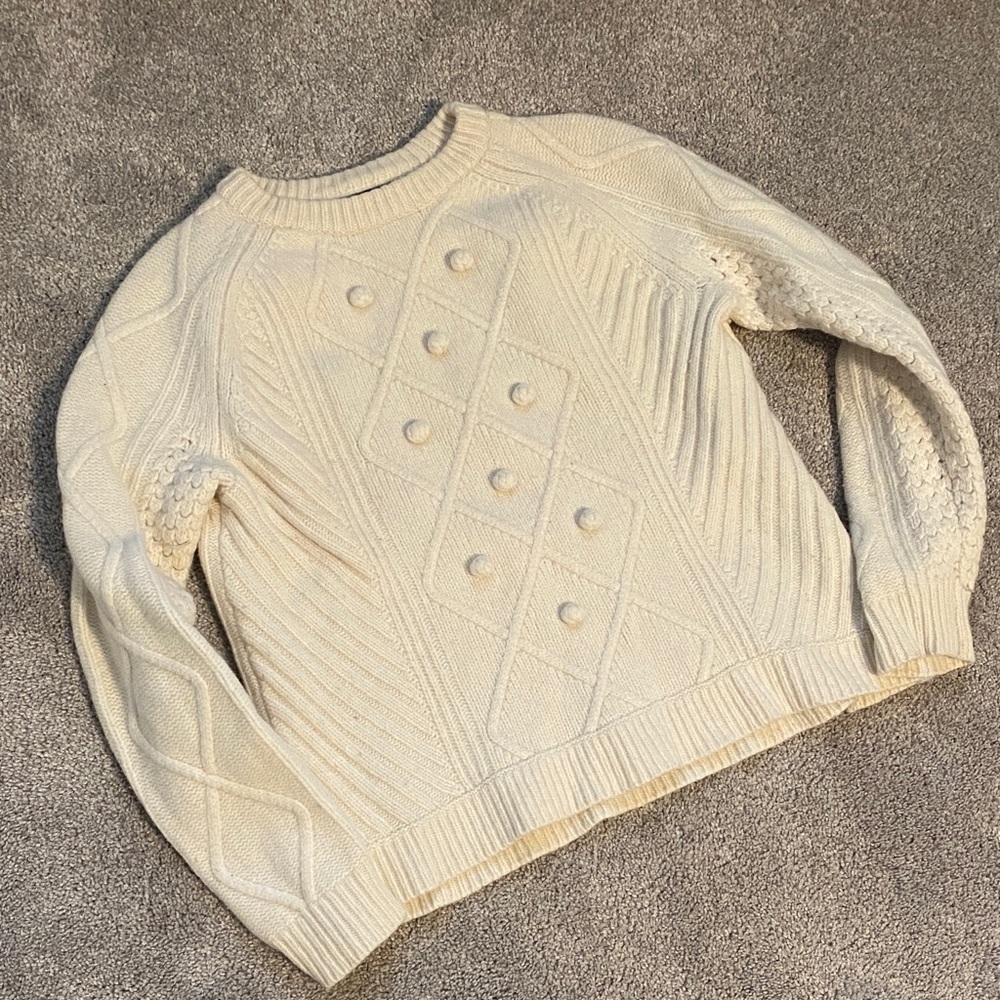 J. Crew creamy white Hawthorne pom pom Textured Crew Neck Sweater - Picture 3 of 7
